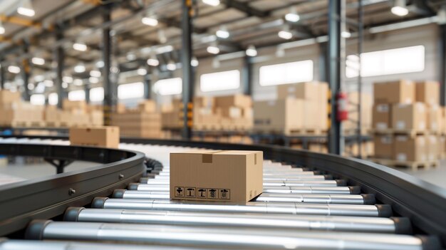 The flow of boxes on the conveyor belt of the warehouse