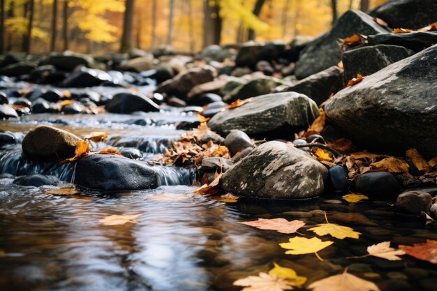 Поток горного ручья в осеннем лесу