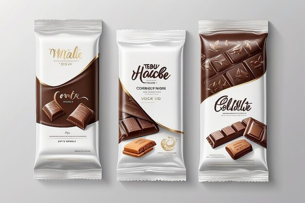 Foto flow pack e barretta di cioccolato modello di pacchetto di snack bianco per biscotti wafer