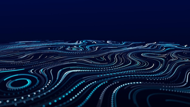 A flow of smooth swirling vortices Glowing coils of turbulence on a blue background Abstract digital wave Big data sound visualization 3D rendering