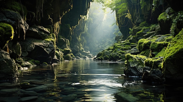 The flow of the waterfall can be seen from inside a rock cave on a green mossy mountain