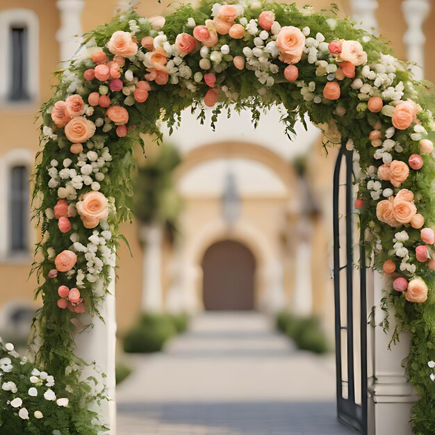 Photo a flower arch with a cross on it is surrounded by greenery