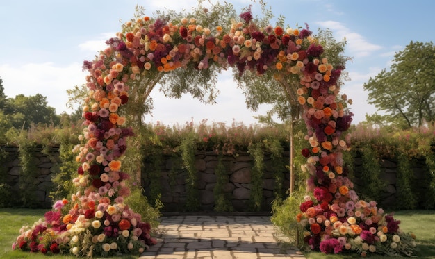 A flower arch with a flower arrangement on it