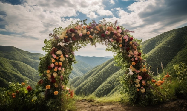 A flower arch with a mountain view in the background