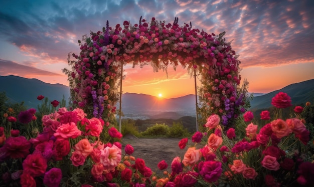 A flower arch with a sunset in the background