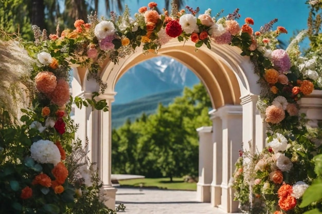 цветочная арка с видом на горы на заднем плане
