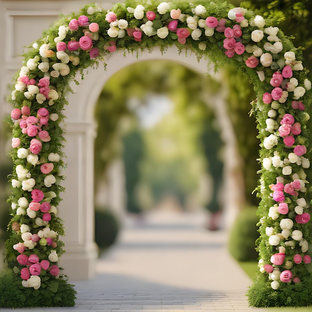 Photo a flower arch with a white arch and a walkway leading to a garden