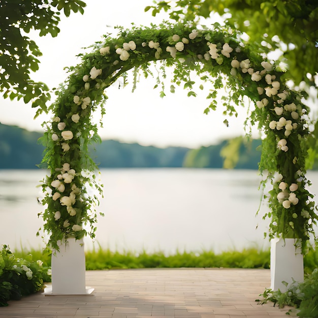 Photo a flower arch with white roses on it is surrounded by greenery