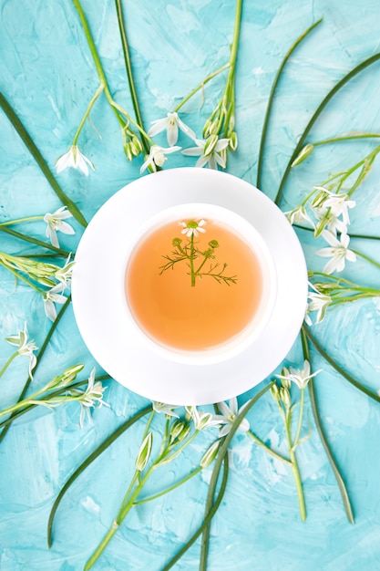 Flower around  cup of chamomile tea on blue background.