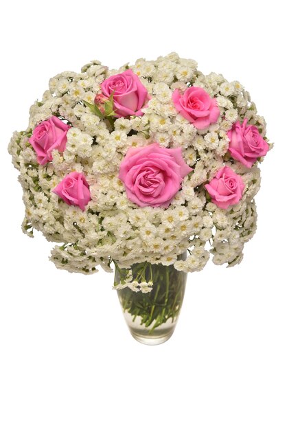 Flower arrangement in bouquet of yarrow and rose in a vase isolated on white background. Floral pattern, still-life, object. Flat lay, top view