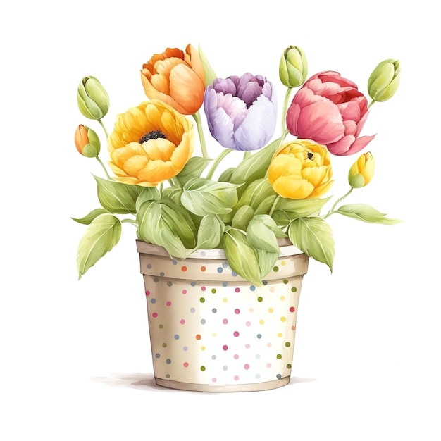 Flower arrangement of flowers in a bucket. Botanical illustration. Generative aI