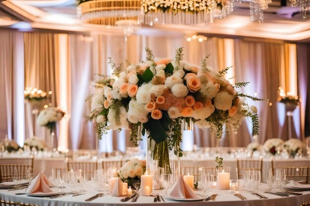 A flower arrangement is displayed on a table with a chandelier and flowers.