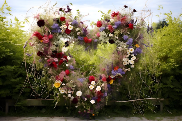 Flower arrangement in the shape of a heart with copy space