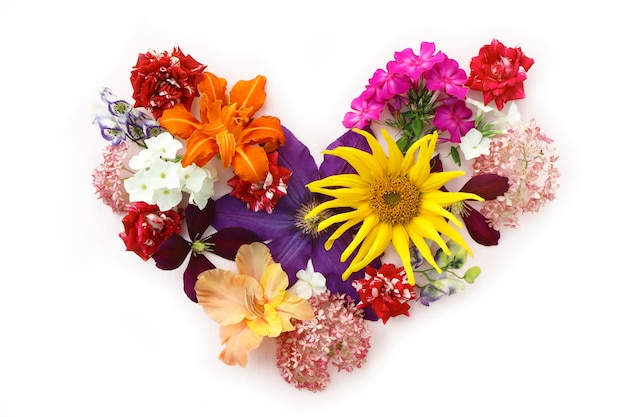 Flower arrangement of various heart shaped flowers on a white background.