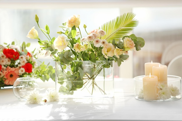 Flower arrangement on a white table