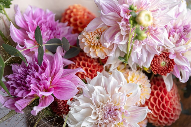 Flower arrangement with chrysanthemum flowers close-up, festive bouquet.