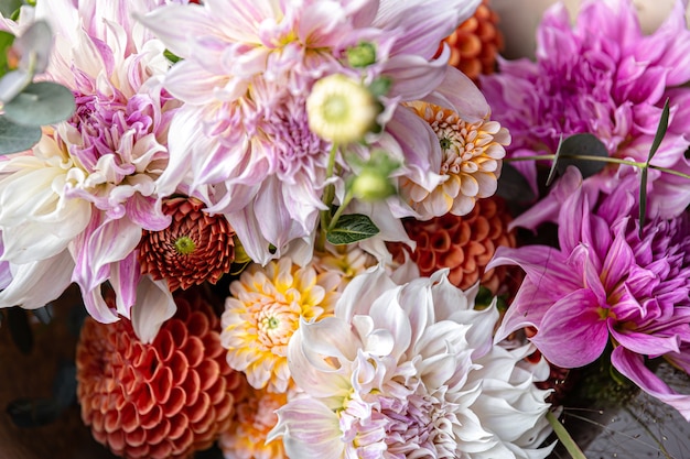 Flower arrangement with chrysanthemum flowers close-up, festive bouquet.