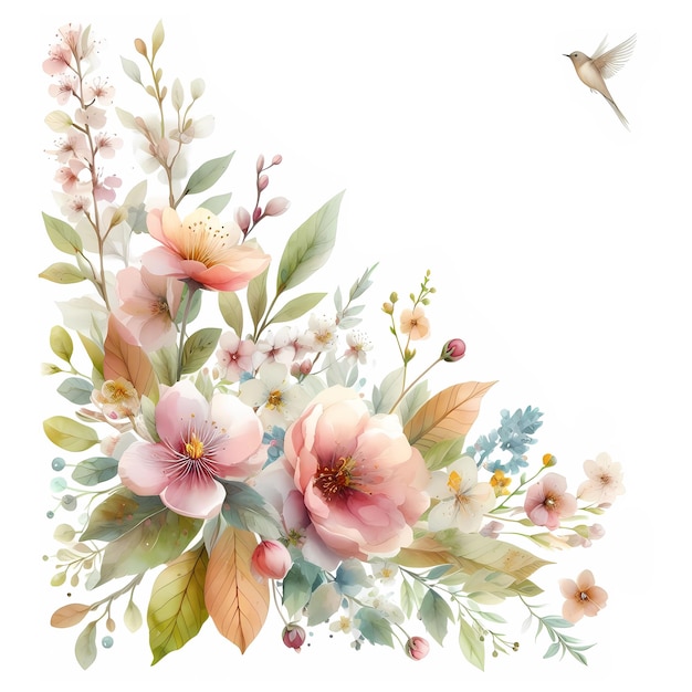 Цветочная композиция с листьями и птицей Цифровая акварельная иллюстрация
