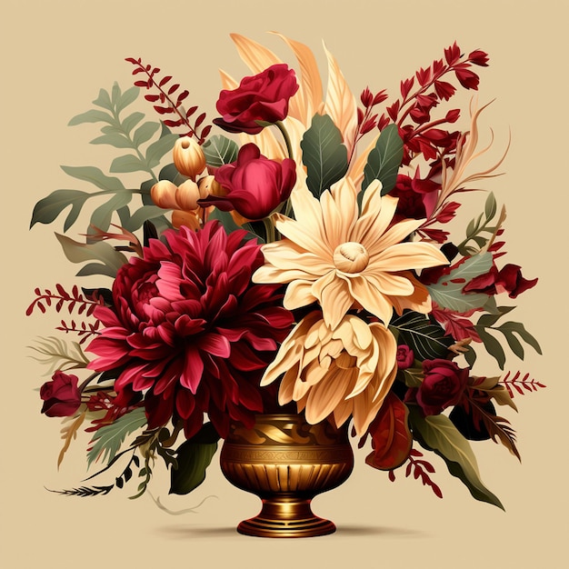 Photo flower arrangements flower maroon green leaves and gold floral illustration