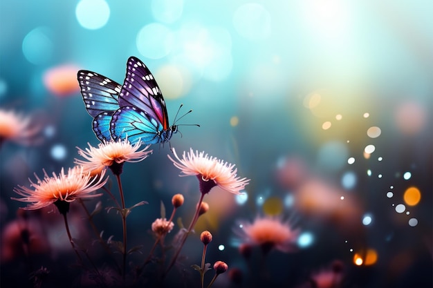 Flower background adorned with butterfly and mesmerizing bokeh lights
