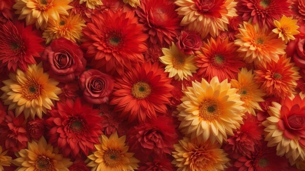 Flower background with red and yellow gerbera daisies generative ai