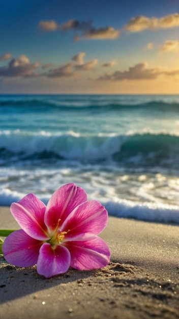 a flower on the beach with the sun setting behind it