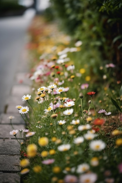 A flower bed along the side of a road