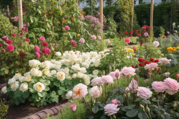 Flower bed filled with pink and white roses surrounded by vegetables