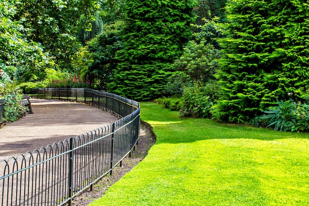 ロンドン公園のフェンスの後ろの花壇と草