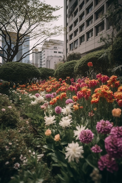 A flower bed in a park with a building in the background