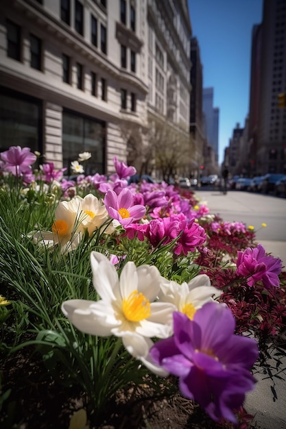 A flower bed with a building in the background