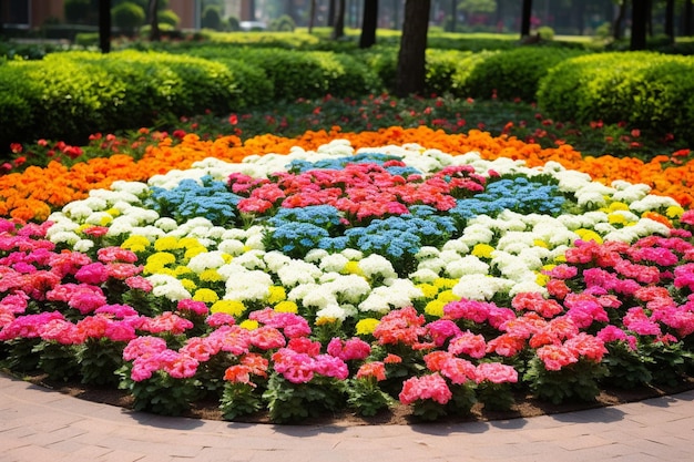 A flower bed with a bunch of flowers in the middle