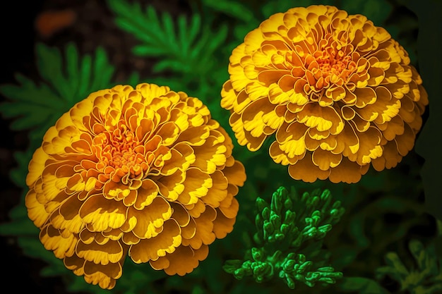 Flower bed with flowering marigold flowers with bright round heads