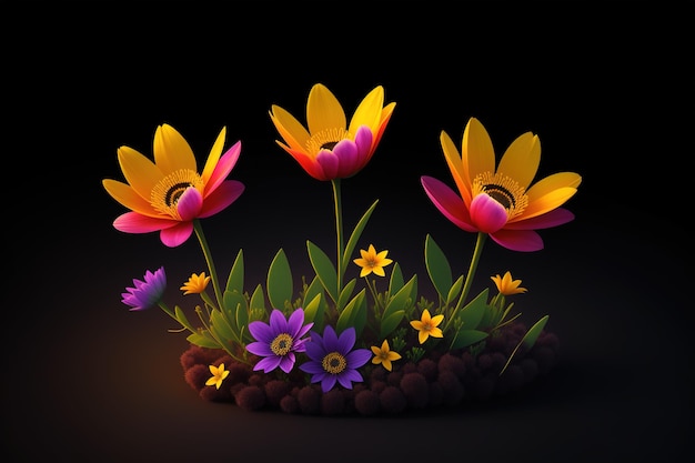 A flower bed with flowers in the dark