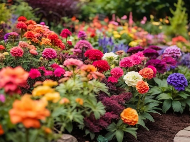 a flower bed with many different colored flowers