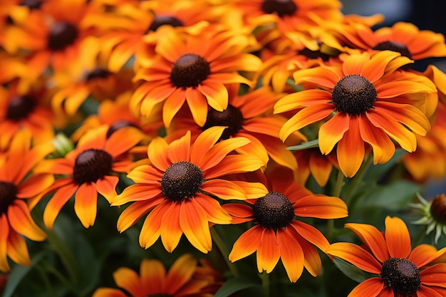 A flower bed with orange and yellow flowers