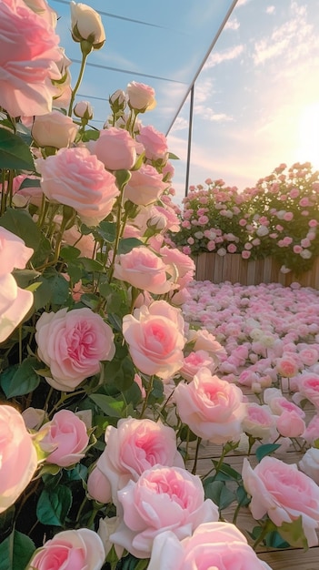 A flower bed with a pink flower in the background