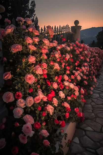 A flower bed with pink and red flowers in front of a mountain.