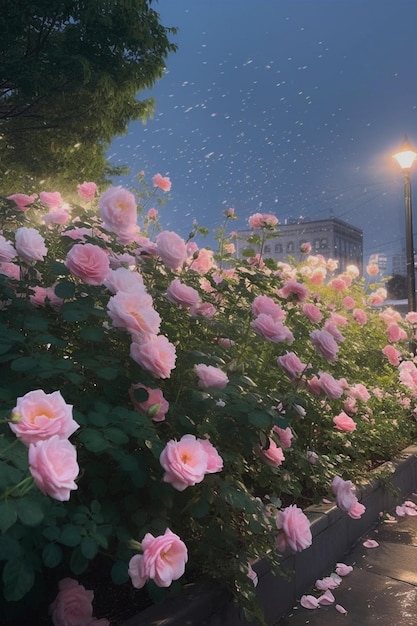 A flower bed with pink roses in the background