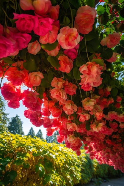 赤とピンクの花が天井からぶら下がっている花壇