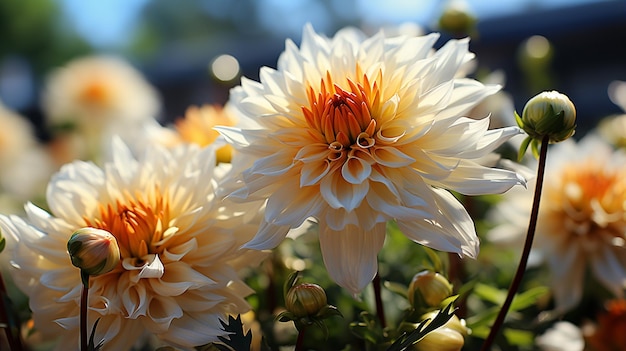 黄色とオレンジ色の花が咲く花壇。