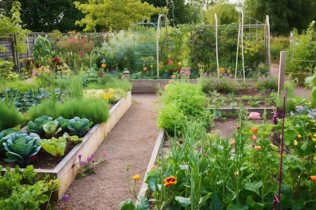 Flower beds and vegetable patches in cottage garden setting