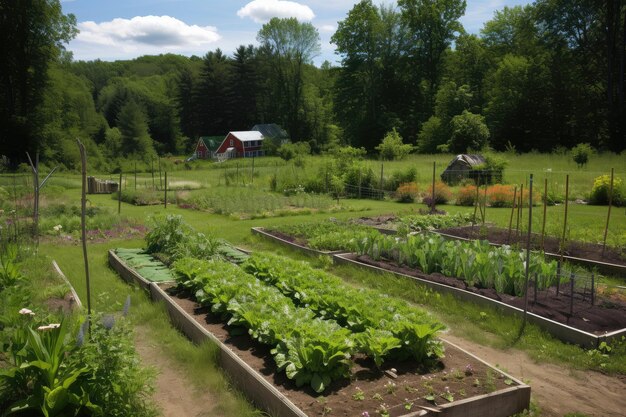 Flower beds and vegetable patches filled with seasonal blooms and fresh veggies