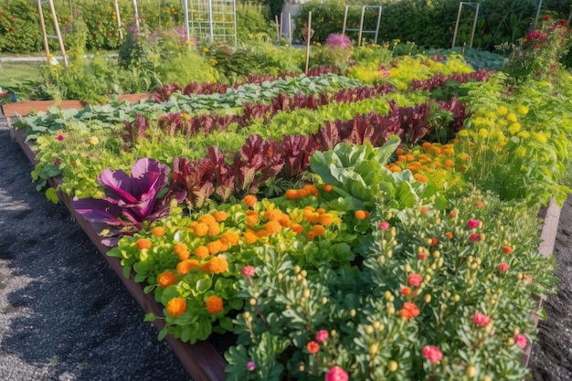 Flower beds and vegetable patches filled with seasonal blooms and fresh veggies