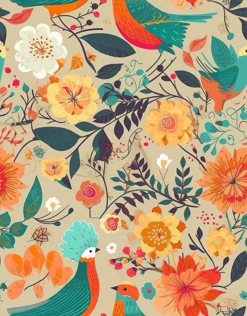 Flower and Bird Patterned Background