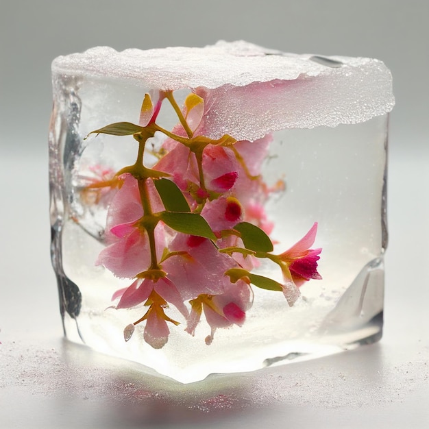 A flower in a block of ice has a stem and leaves on it.