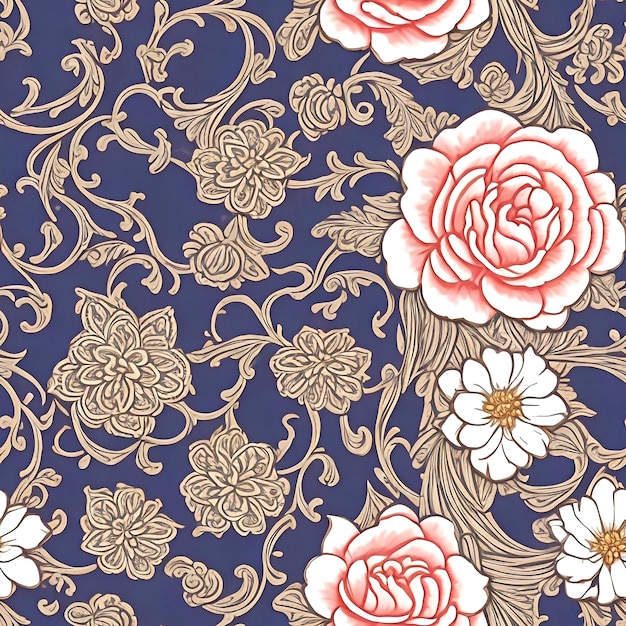 Flower blossom and leaf Delicate Petals and Intricate western style seamless pattern