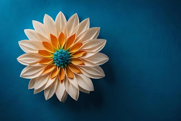 A flower on a blue background with a yellow center