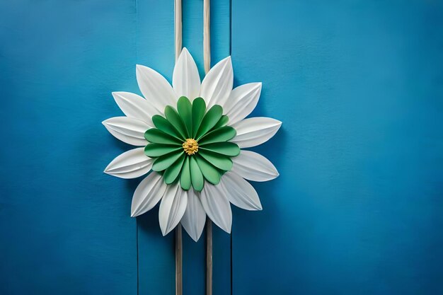 A flower on a blue wall