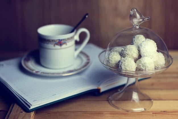 Flower on the book and tea